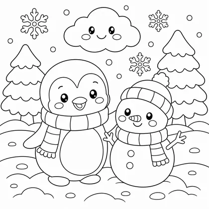 Dibujo de paisaje nevado con árboles para colorear