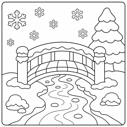 Dibujo de puente sobre arroyo invernal para colorear