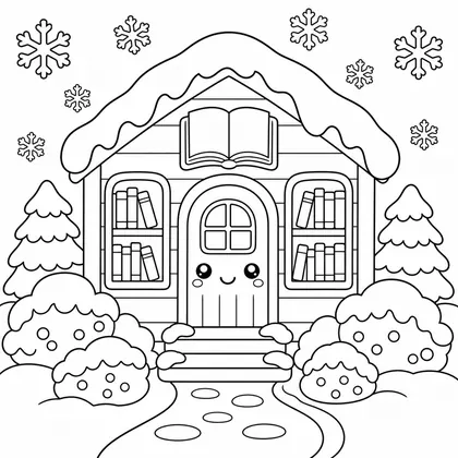 Dibujo de casita biblioteca nevada para colorear