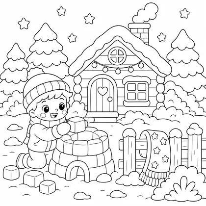Dibujo de niño levantando muro de nieve para colorear