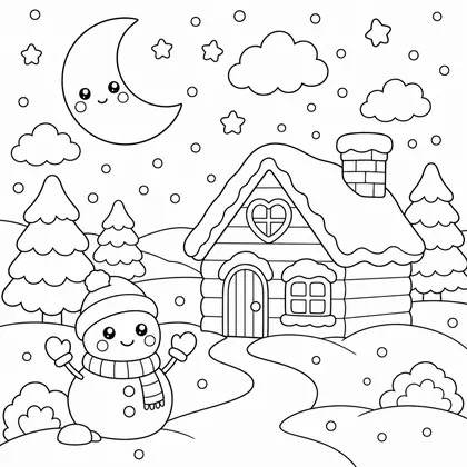 Dibujo de casita nevada con muñeco de nieve para colorear