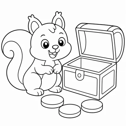 Dibujo de ardilla con cofre del tesoro para colorear