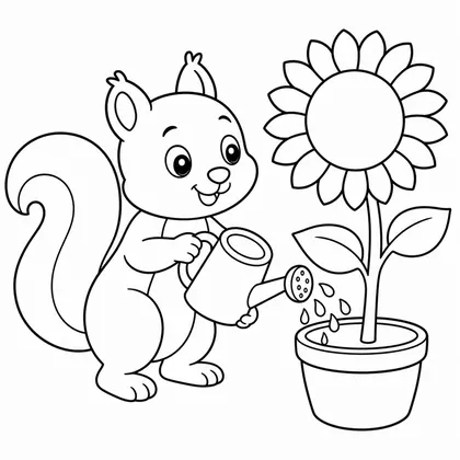 Dibujo de ardilla regando girasol para colorear
