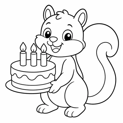 Dibujo de ardilla con tarta de cumpleaños para colorear