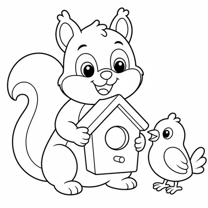 Dibujo de ardilla con casita de pájaro para colorear