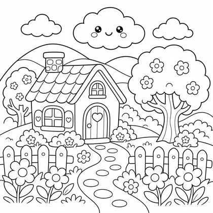 Dibujo de amanecer junto a casita y flores para colorear