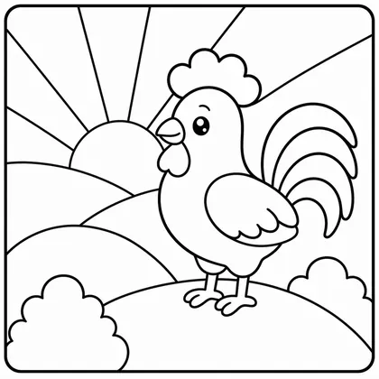 Dibujo de amanecer con gallo para colorear