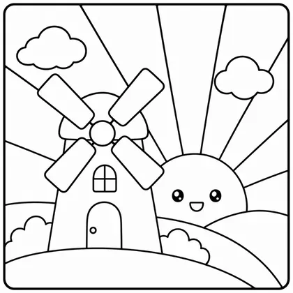 Dibujo de amanecer con molino para colorear