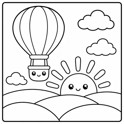Dibujo de amanecer con globo aerostático para colorear