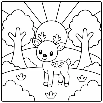 Dibujo de amanecer con bosque y ciervo para colorear