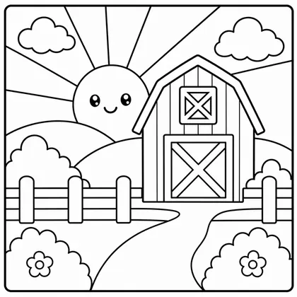 Dibujo de amanecer con granja para colorear