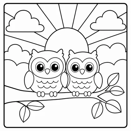 Dibujo de amanecer con búhos para colorear