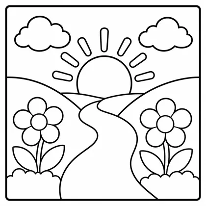 Dibujo de amanecer con camino para colorear