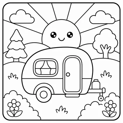 Dibujo de amanecer con caravana para colorear
