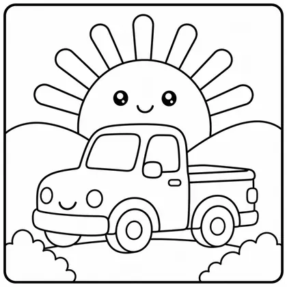Dibujo de amanecer con camioneta para colorear