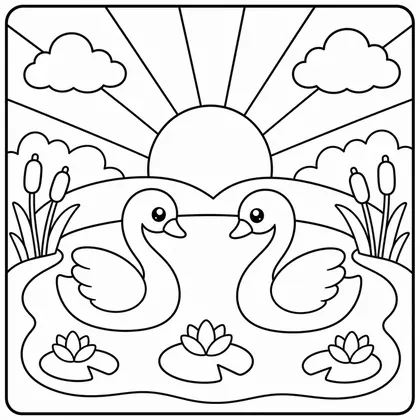 Dibujo de amanecer con cisnes para colorear