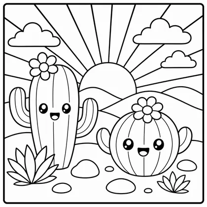 Dibujo de amanecer con cactus para colorear