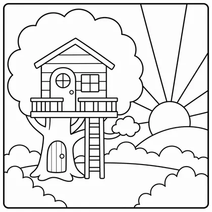 Dibujo de amanecer con casa árbol para colorear
