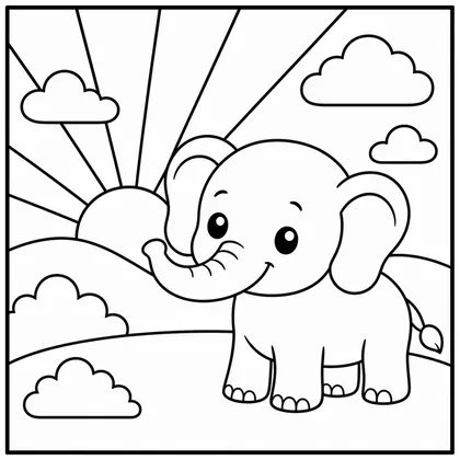 Dibujo de amanecer con elefante para colorear