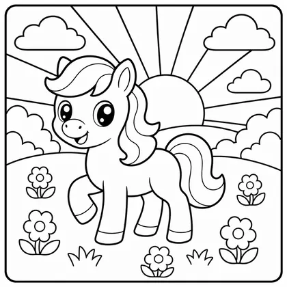 Dibujo de amanecer con caballito para colorear