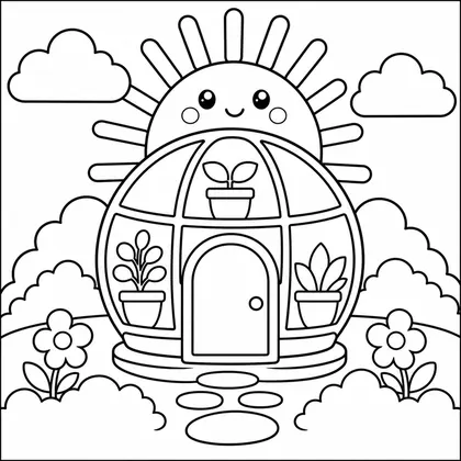 Dibujo de amanecer con invernadero para colorear