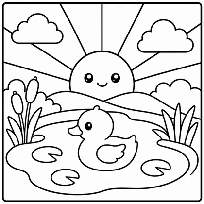 Dibujo de amanecer con pato para colorear