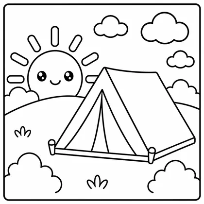 Dibujo de amanecer con tienda de campana para colorear