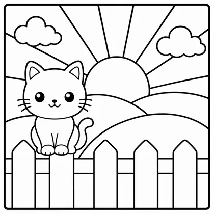 Dibujo de amanecer con gato para colorear