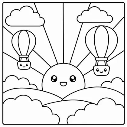 Dibujo de amanecer con montgolfiera para colorear