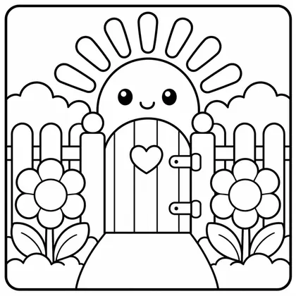 Dibujo de amanecer con jardín para colorear