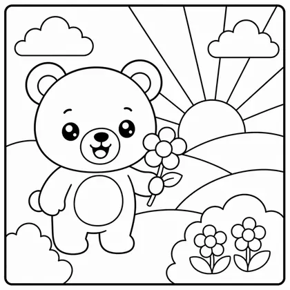 Dibujo de amanecer con oso para colorear