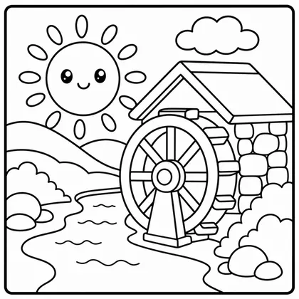 Dibujo de amanecer con rueda de agua para colorear