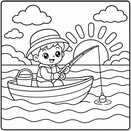 Dibujo de amanecer con pescador para colorear