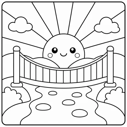 Dibujo de amanecer con puente colgante para colorear