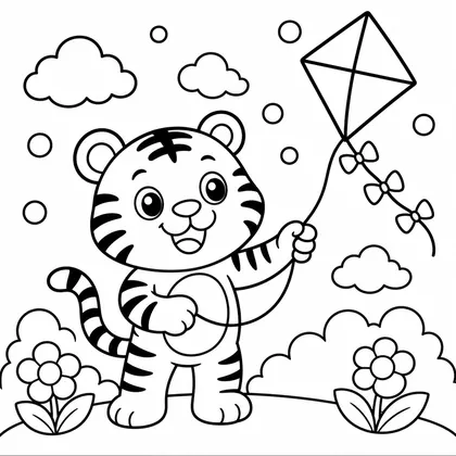 Dibujo de tigre con cometa para colorear