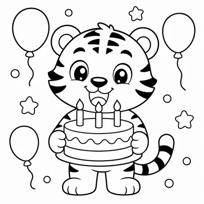 Dibujo de tigre con pastel de cumpleaños para colorear