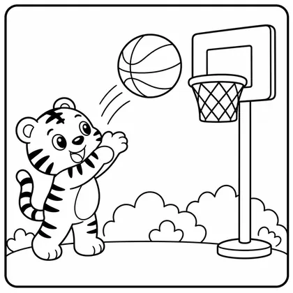 Dibujo de tigre con aro de baloncesto para colorear