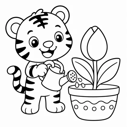 Dibujo de tigre regando una planta para colorear