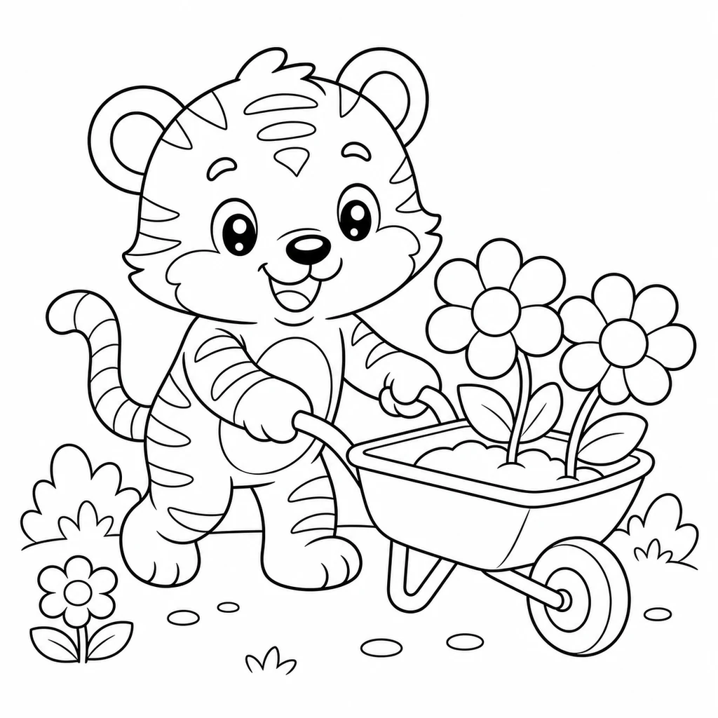 Coloriage : Tigre avec une brouette de fleurs