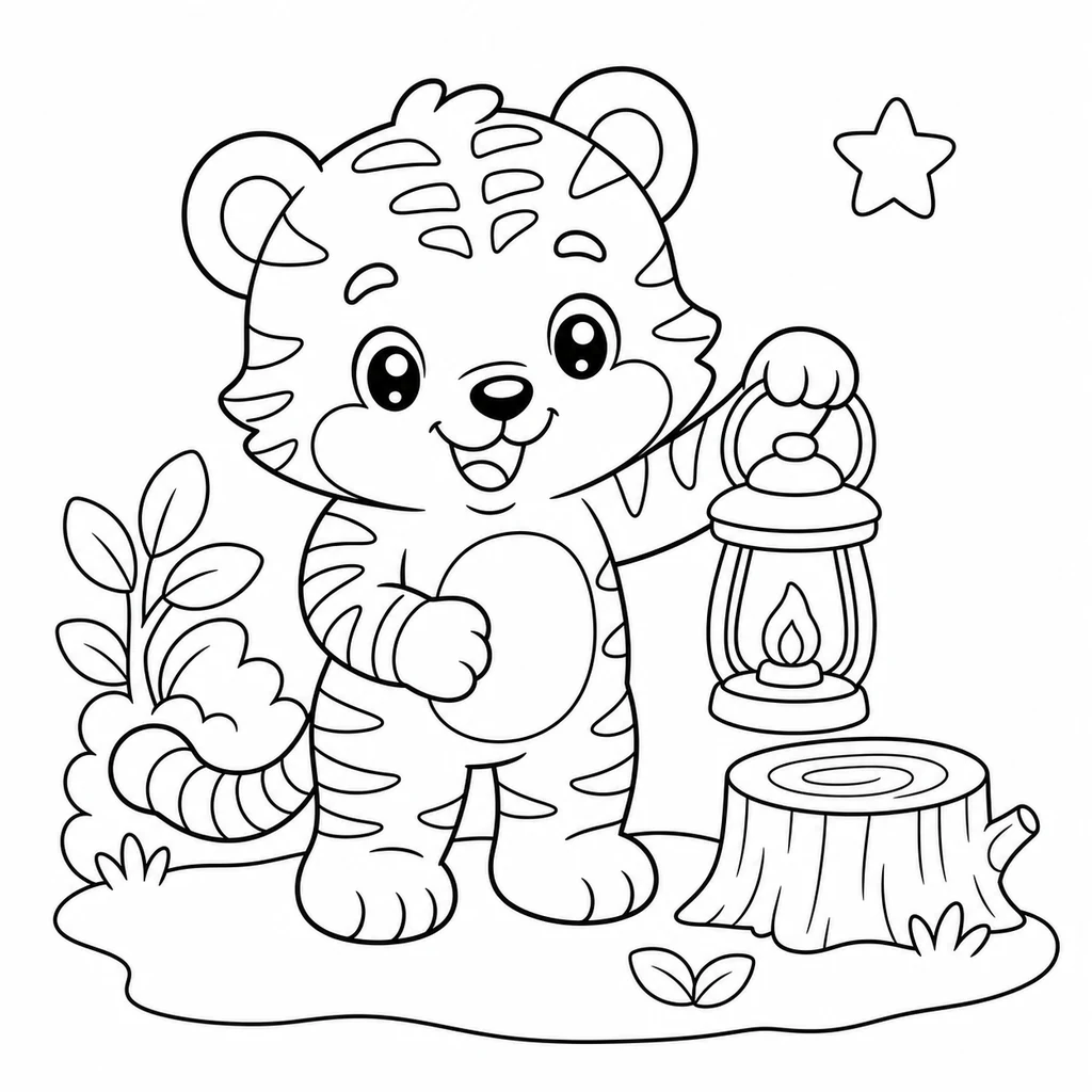 Coloriage : Tigre avec une lanterne et un tronc