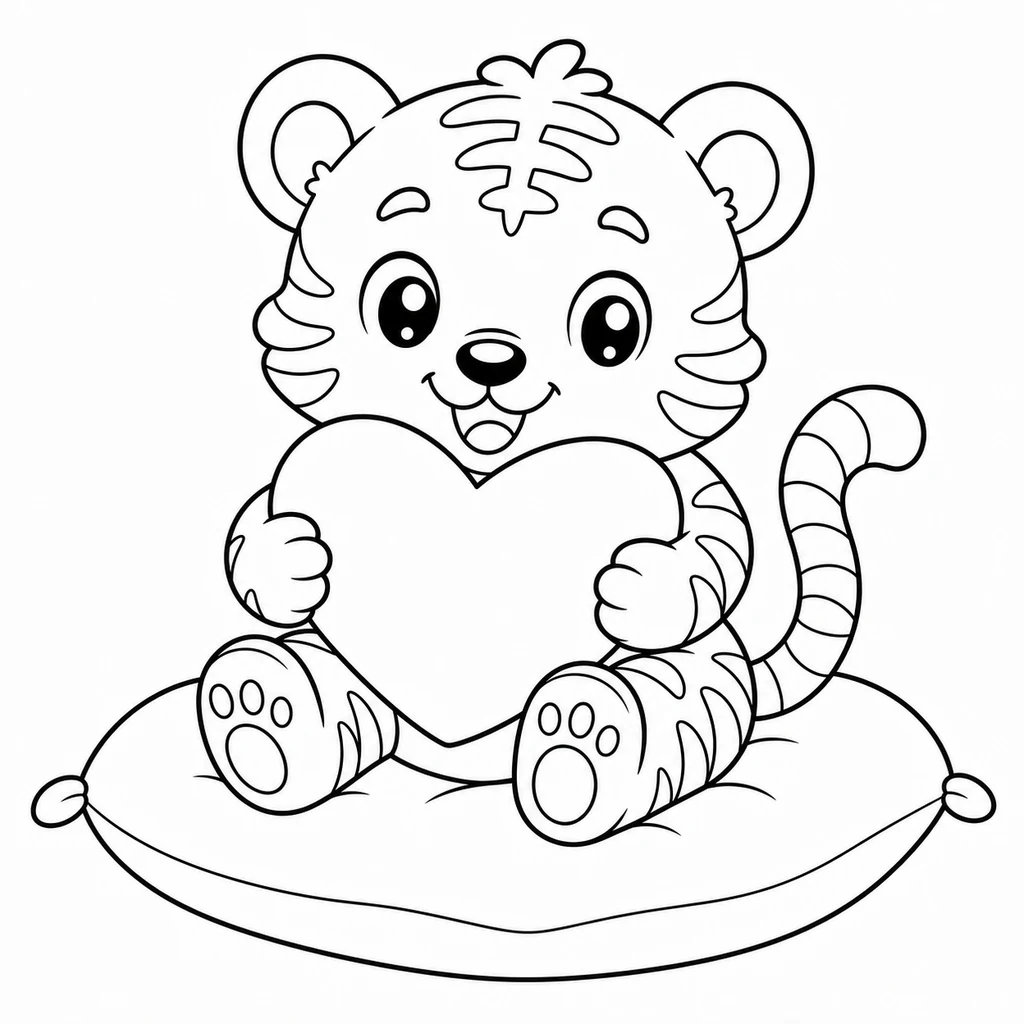 Coloriage : Tigre avec un coussin en cœur