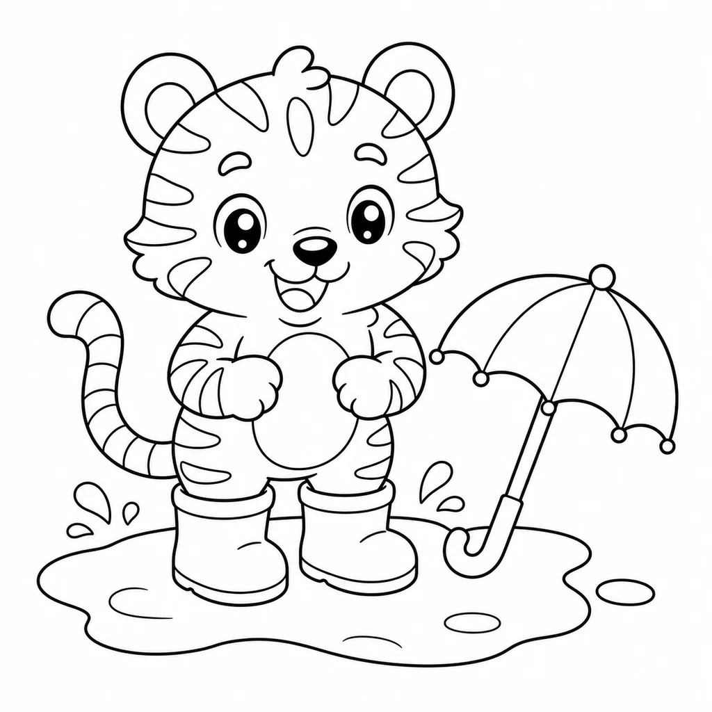 Coloriage : Tigre avec des bottes et une flaque