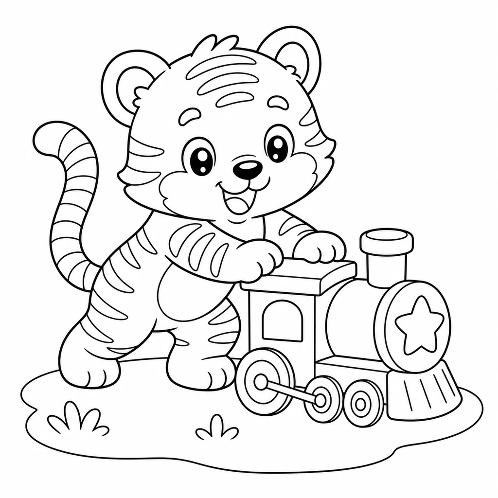 Coloriage : Tigre avec un train-jouet