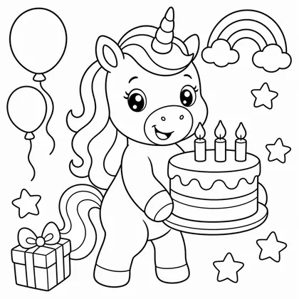 Dibujo de unicornio con tarta de cumpleaños para colorear