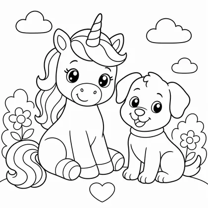 Dibujo de unicornio con perrito para colorear