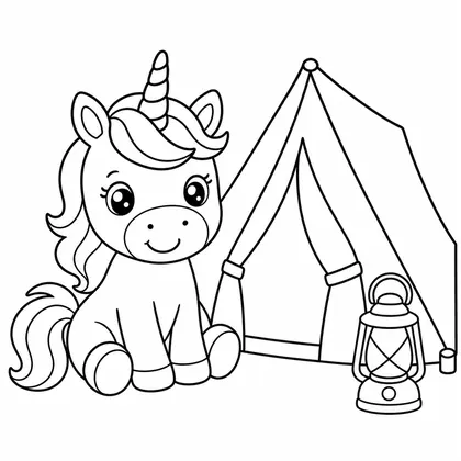 Dibujo de unicornio en camping para colorear