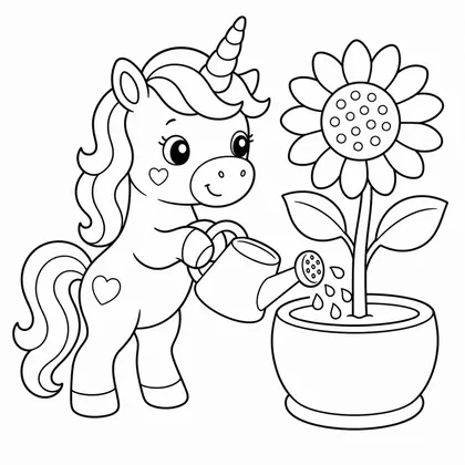 Dibujo de unicornio regando girasol para colorear