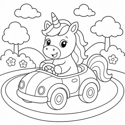 Dibujo de unicornio en coche de juguete para colorear