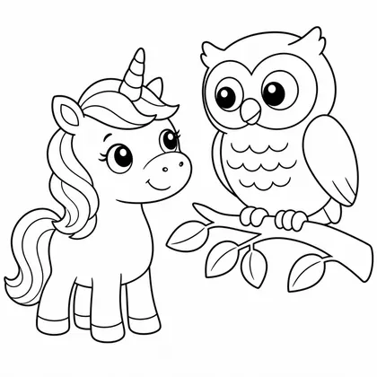 Dibujo de unicornio con buho para colorear