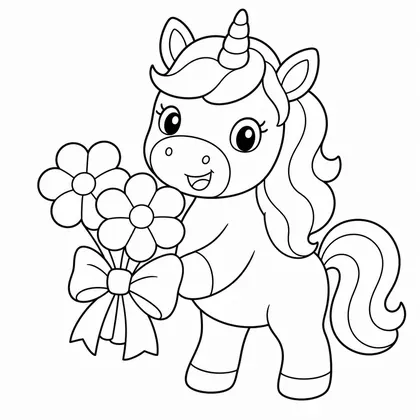 Dibujo de unicornio con ramo de flores para colorear